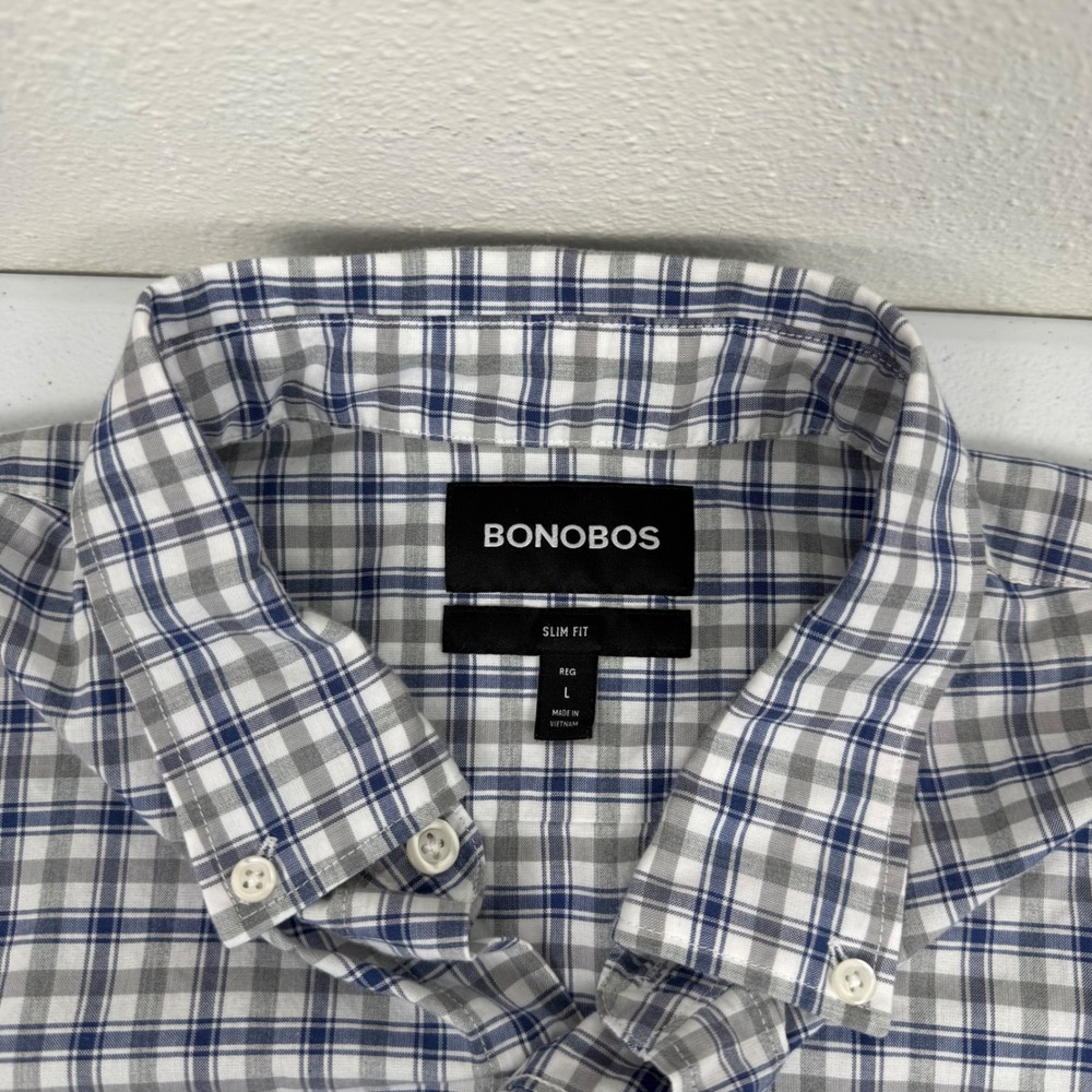 Bonobos Mens Slim Fit Plaid Button Down Shirt Blue Grey Long Sleeve Large L - Picture 5 of 7